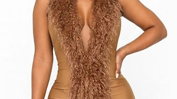 Gold fur dress with faux fur trim plunge V-neckline, sleeveless mini style