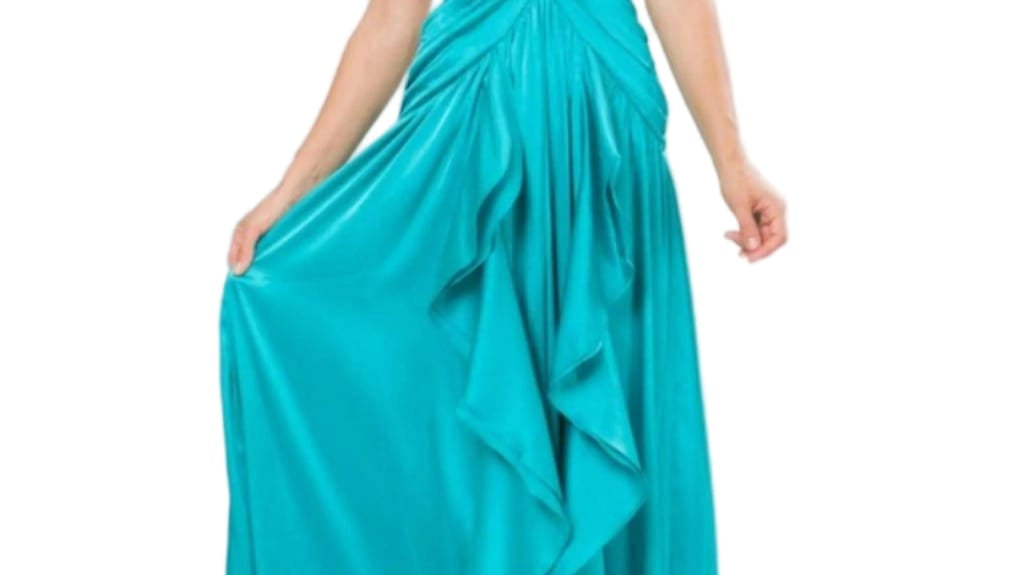 Blue satin ruffle sleeve maxi gown for a formal wedding guest