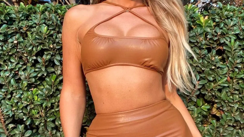 Brown faux leather skirt set styled for a fall outfit