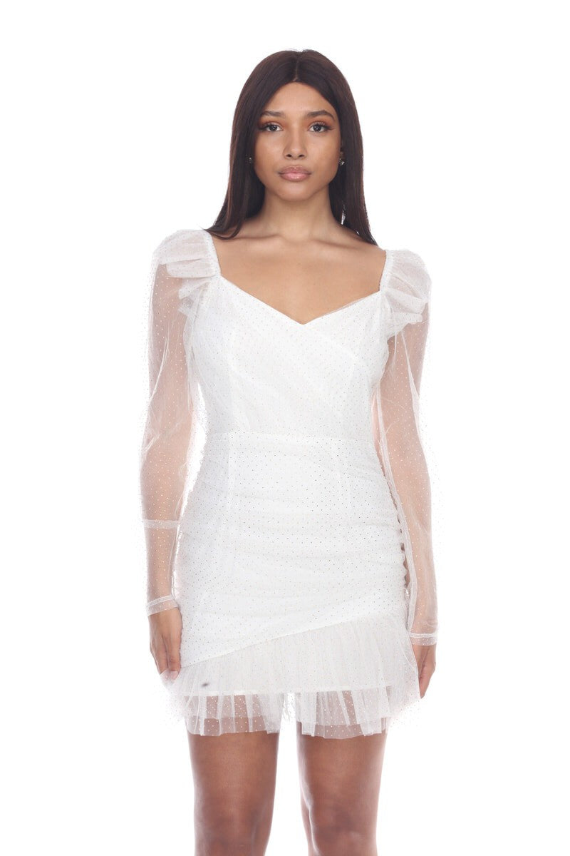 Women's white sheer mesh long sleeve ruched mini dress - photo 3