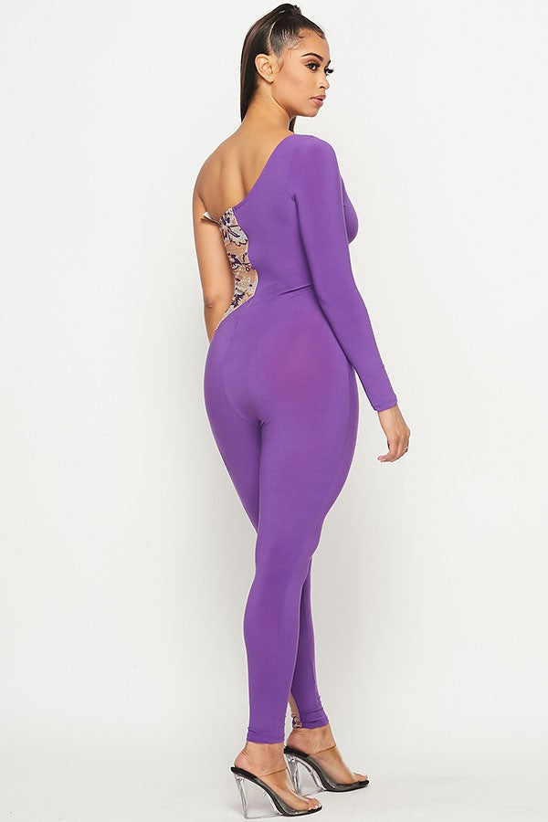 Women's One Shoulder Long Sleeve Embellished Mesh Jumpsuit - photo 2