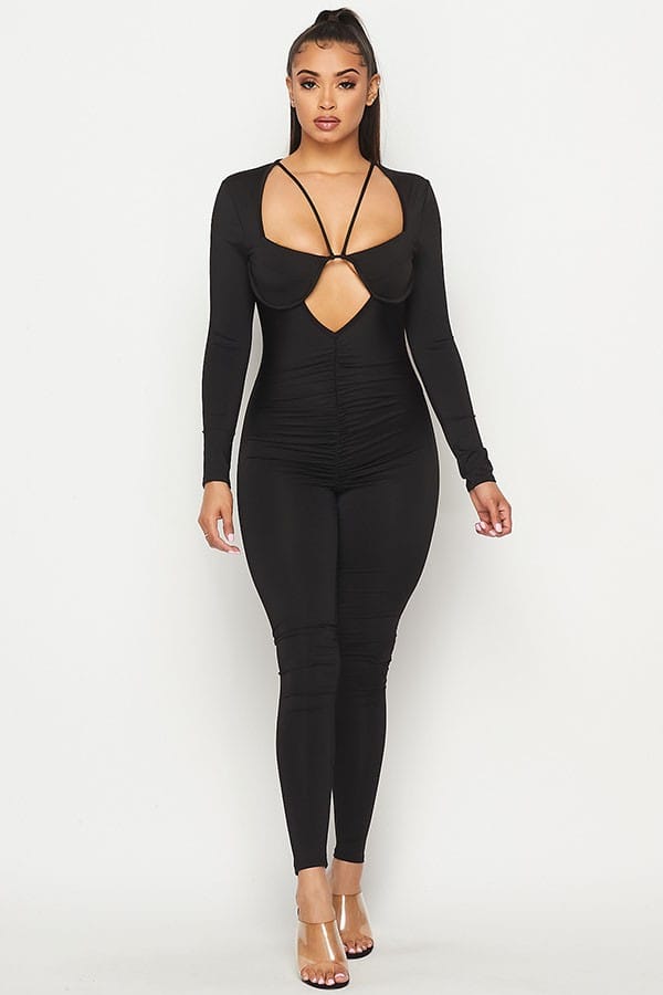 Women's Long Sleeve Keyhole Halter Fitted Jumpsuit