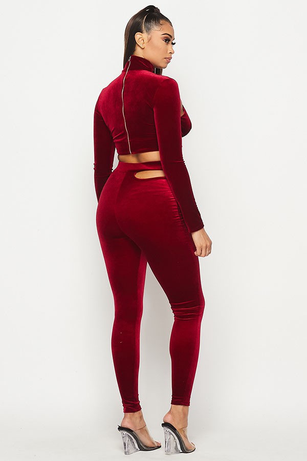 Women's Velvet Mock Neck Cutout Crop Top & Pants Set - photo 3