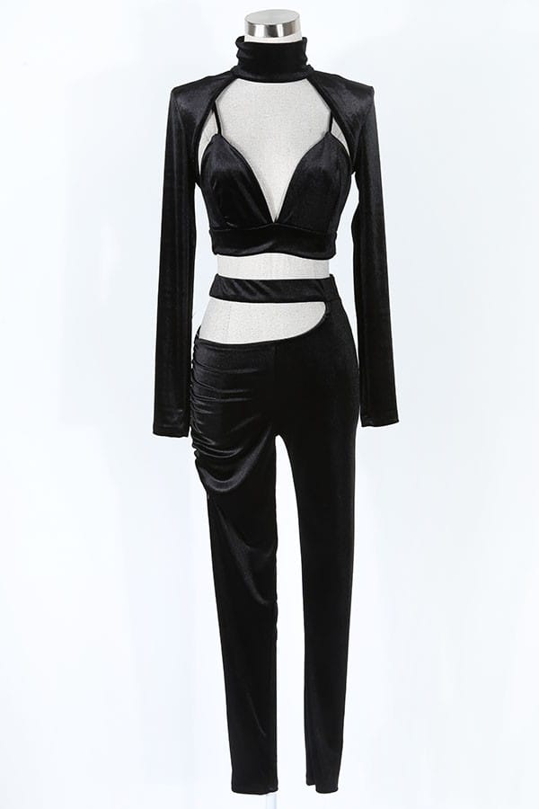 Women's Velvet Mock Neck Cutout Crop Top & Pants Set