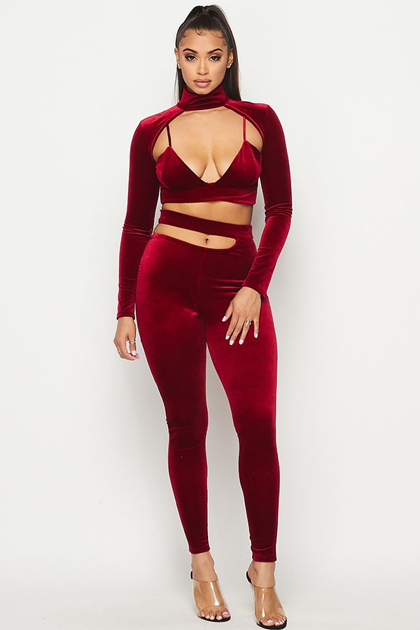 Women's Velvet Mock Neck Cutout Crop Top & Pants Set