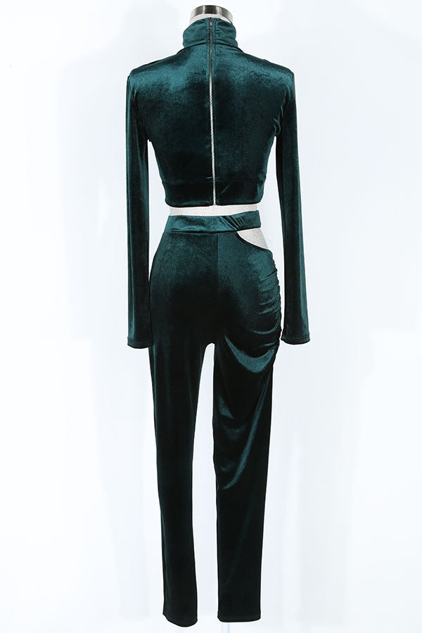 Women's Velvet Mock Neck Cutout Crop Top & Pants Set - photo 3