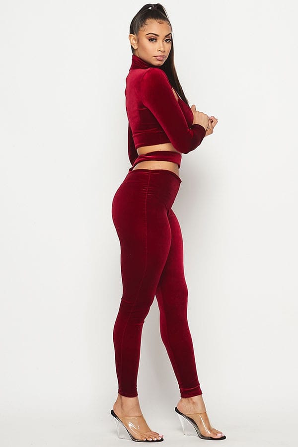 Women's Velvet Mock Neck Cutout Crop Top & Pants Set - photo 2