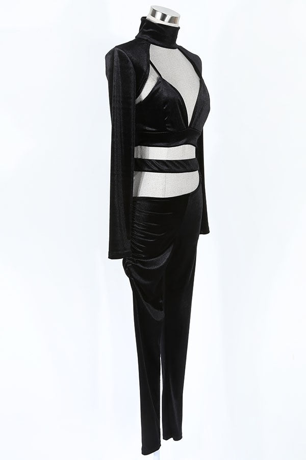 Women's Velvet Mock Neck Cutout Crop Top & Pants Set - photo 2