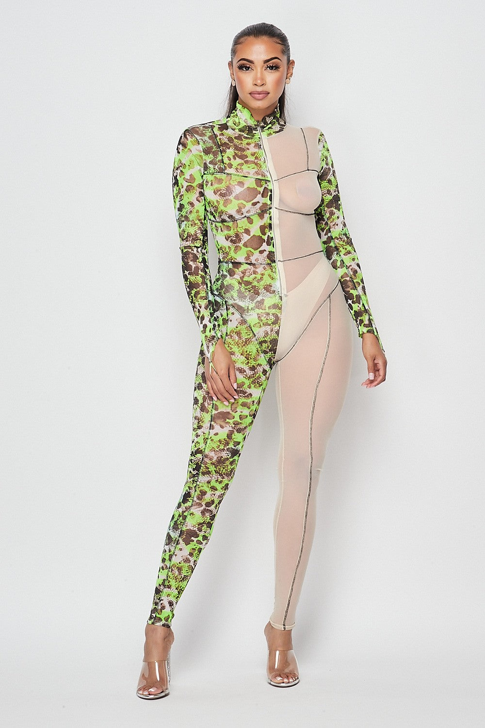 Women's Printed Mesh Panel Mock Neck Long Sleeve Jumpsuit