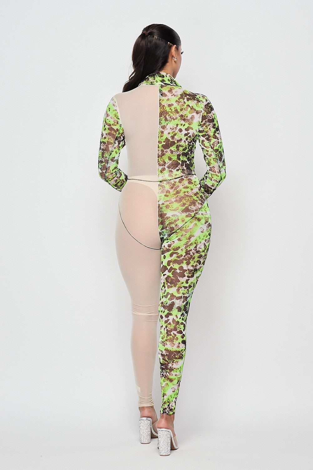 Women's Printed Mesh Panel Mock Neck Long Sleeve Jumpsuit - photo 5