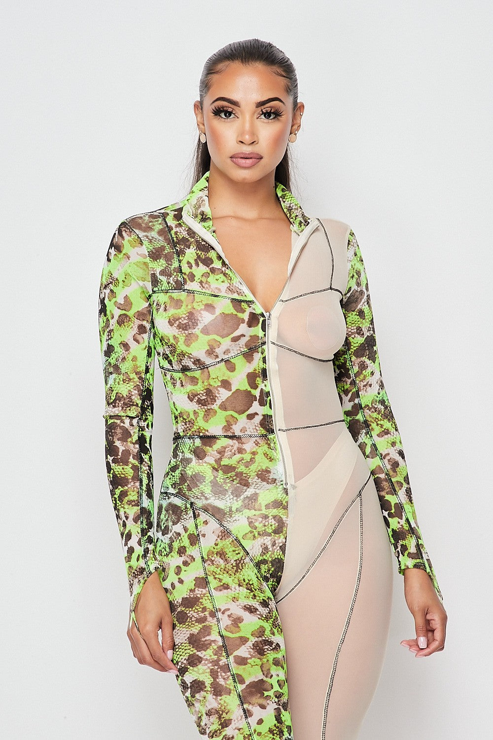 Women's Printed Mesh Panel Mock Neck Long Sleeve Jumpsuit - photo 3