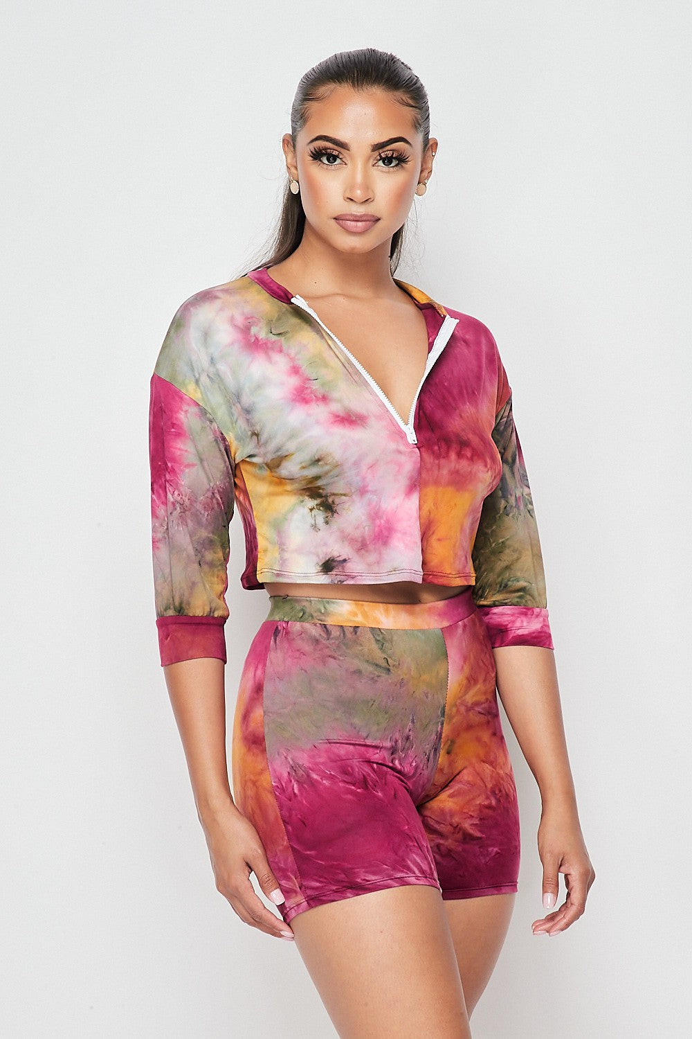 Women's Tie-Dye Print Long Sleeve Top & Shorts Set - photo 3