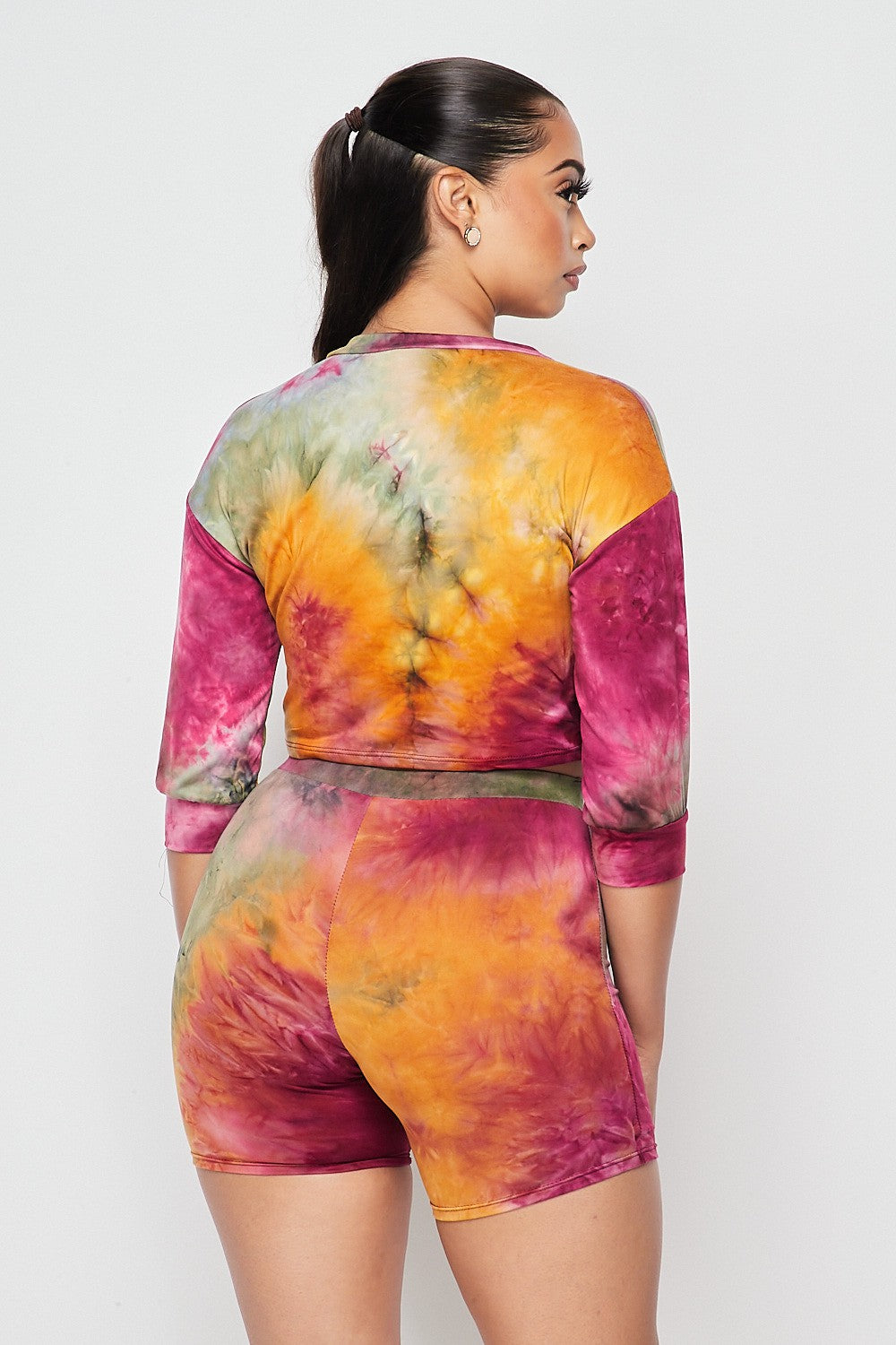 Women's Tie-Dye Print Long Sleeve Top & Shorts Set - photo 4