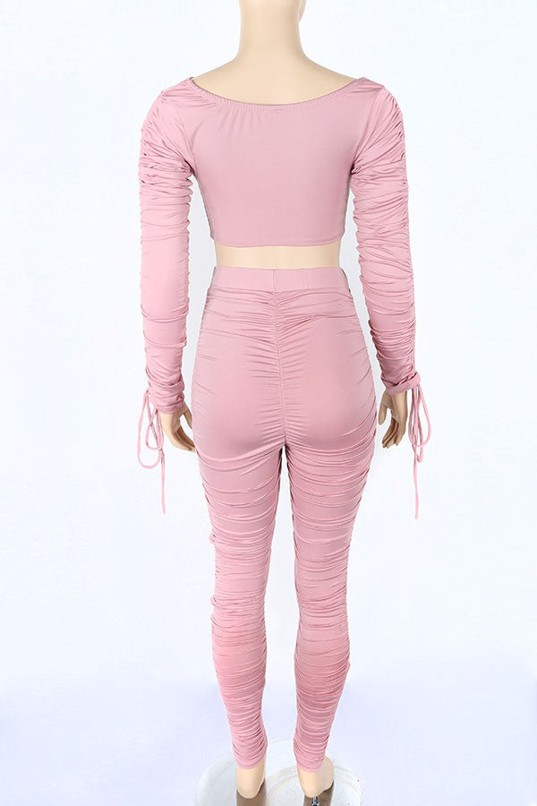 Women's Long Sleeve Crop Top & Leggings Activewear Set – Solid - photo 3