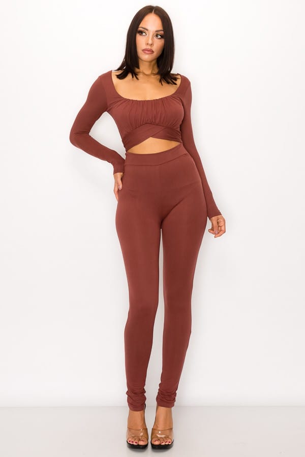 Women's Chocolate Front Shirring Back Tie Skinny Jumpsuit – back view