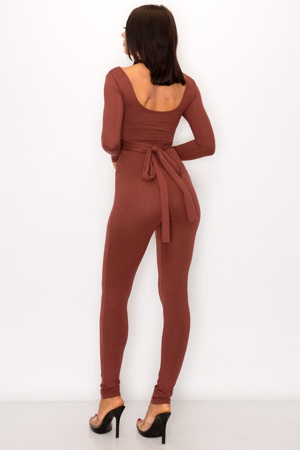 Women's Chocolate Front Shirring Back Tie Skinny Jumpsuit – detail view