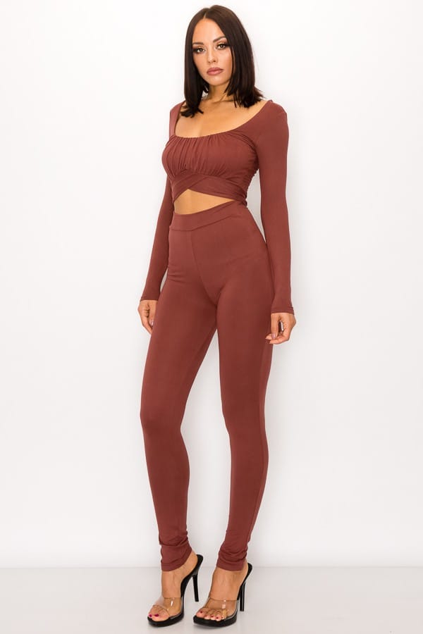 Women's Chocolate Front Shirring Back Tie Skinny Jumpsuit – side view