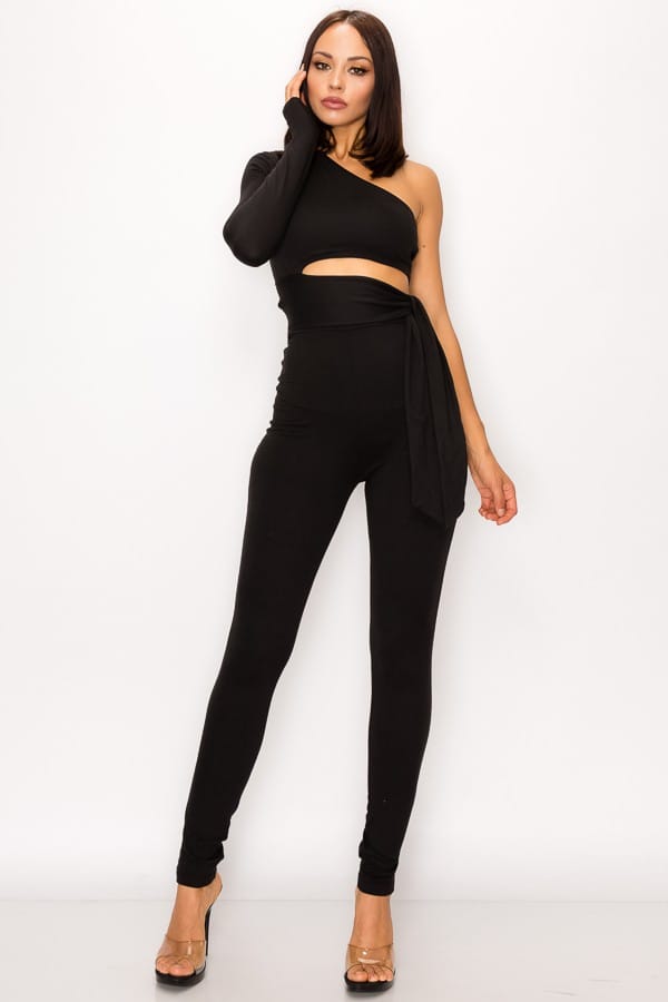 Women's Rust Sculpted Allure Long Sleeve One Shoulder Jumpsuit – full-length view