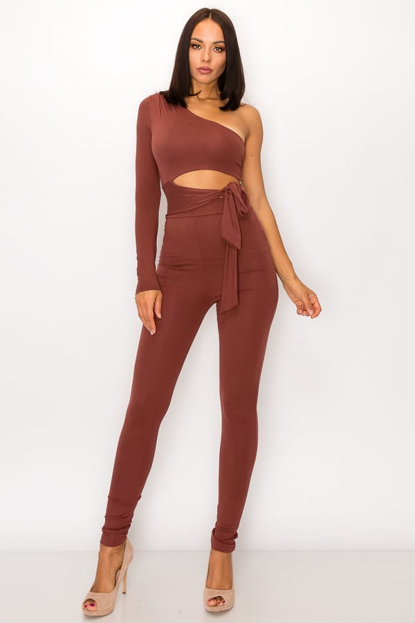 Women's Rust Sculpted Allure Long Sleeve One Shoulder Jumpsuit – side view
