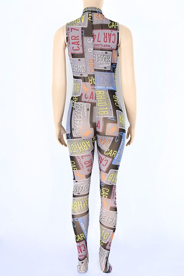 Women's Printed Mesh Zip Front Sleeveless Jumpsuit - photo 4