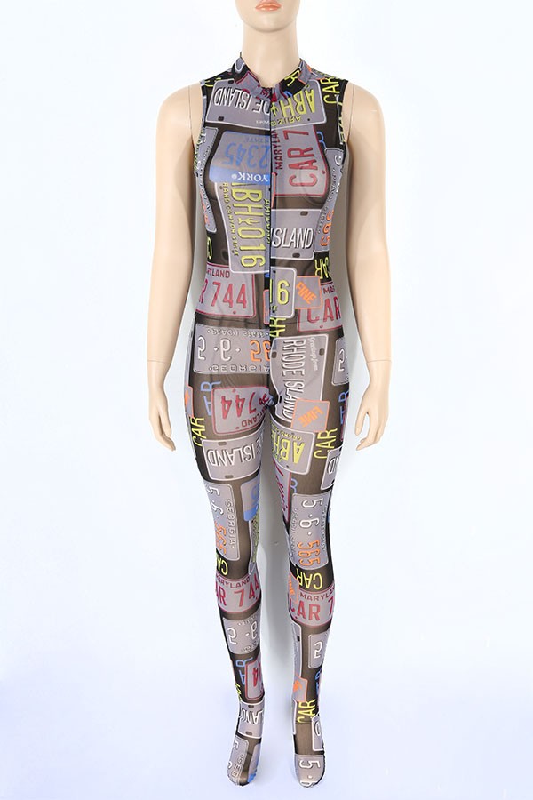 Women's Printed Mesh Zip Front Sleeveless Jumpsuit - photo 2
