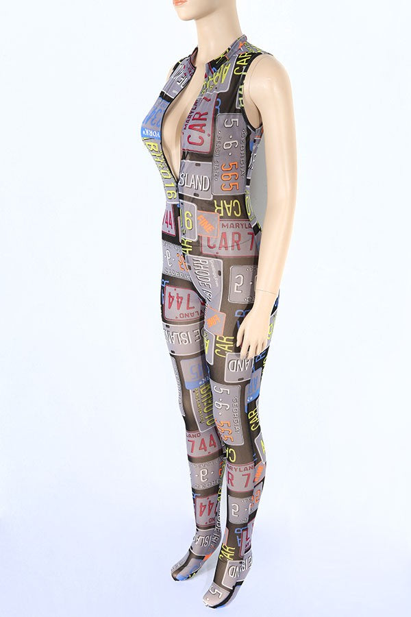 Women's Printed Mesh Zip Front Sleeveless Jumpsuit - photo 3