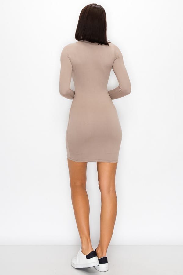 Women's Mocha Mock Neck Double Layered L/S Mini Dress – detail view