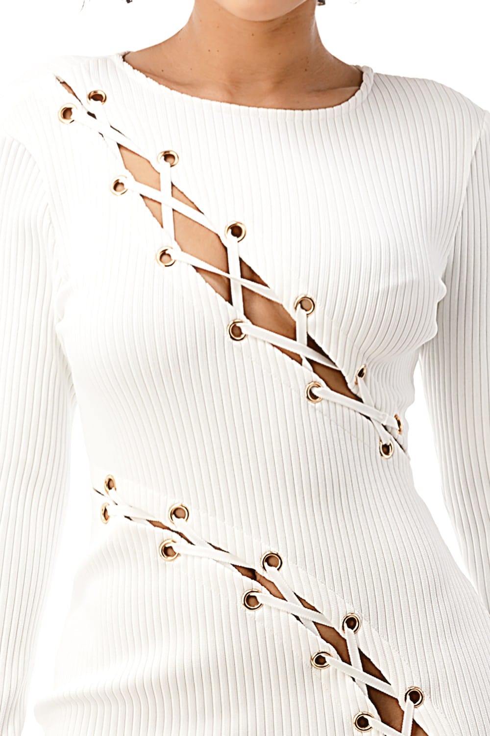 Women's white lace-up long sleeve bodycon midi dress with slit - photo 2