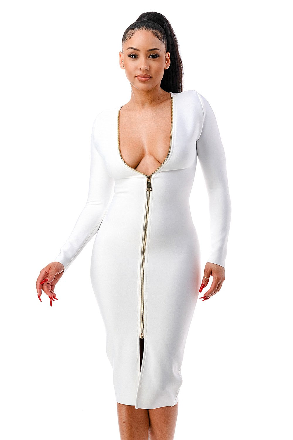 Women's white zip-front long sleeve bandage midi dress - photo 2
