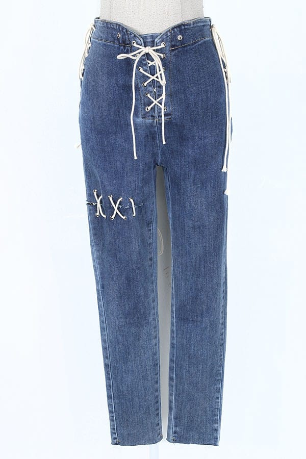 Women's High-Waist Lace-Up Tie Detail Denim Pants - photo 4