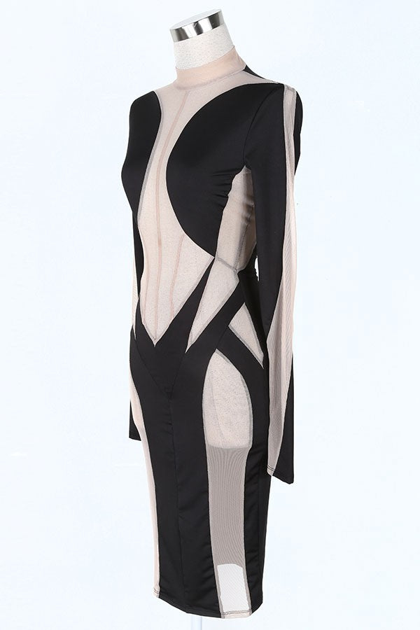 Women's black/nude plunge mesh panel long sleeve bodycon midi dress - photo 3