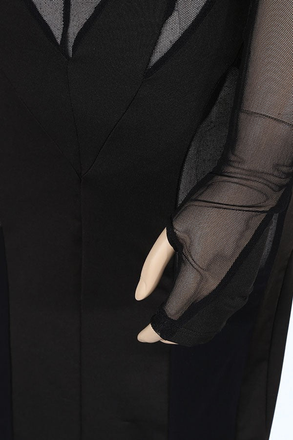 Women's black plunge mesh panel long sleeve bodycon midi dress - photo 2