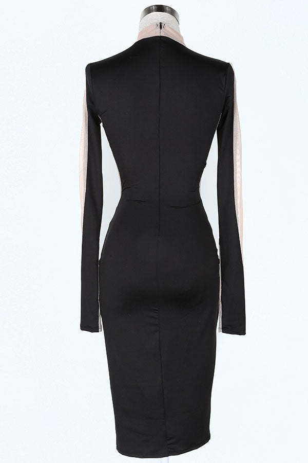 Women's black/nude plunge mesh panel long sleeve bodycon midi dress - photo 4