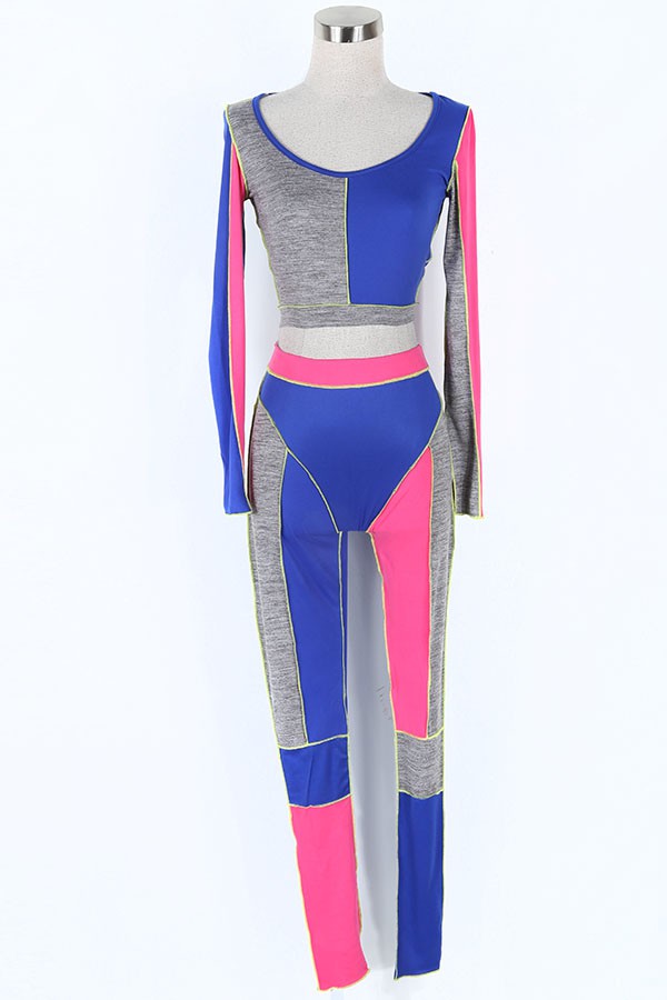 Women's Colorblock Long Sleeve Crop Top & Leggings Activewear Set