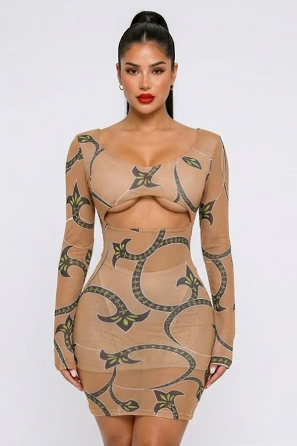 Women's Sheer Mesh Chain Print Long Sleeve Mini Dress