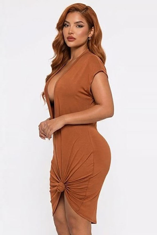 Women's rust plunge short sleeve ruched bodycon mini dress - photo 2