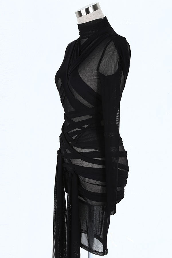 Women's Sheer Mesh Strappy Wrap Fringe Mini Dress - photo 3