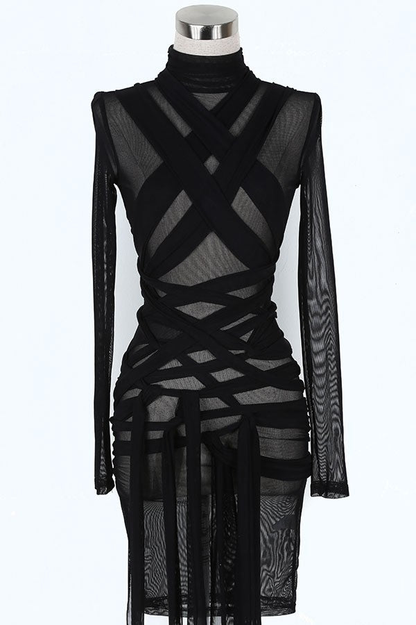 Women's Sheer Mesh Strappy Wrap Fringe Mini Dress - photo 2
