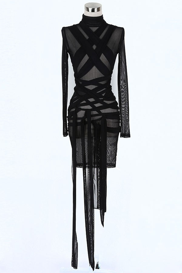 Women's Sheer Mesh Strappy Wrap Fringe Mini Dress
