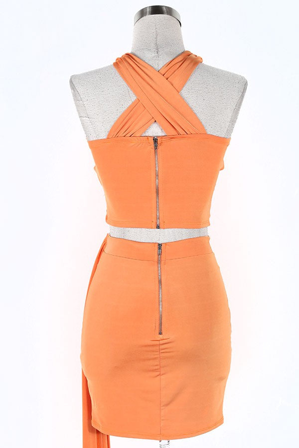 Women's orange cutout halter top and mini skirt set - photo 4