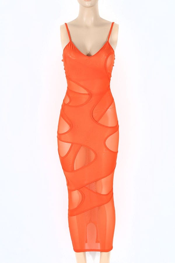Women's Sheer Mesh Spaghetti Strap Cutout Midi Dress