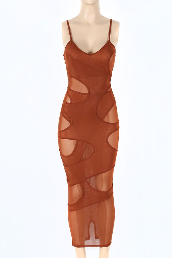 Women's Sheer Mesh Spaghetti Strap Cutout Midi Dress