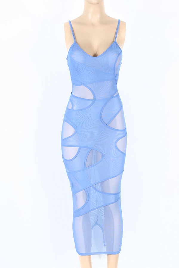 Women's Sheer Mesh Spaghetti Strap Cutout Midi Dress