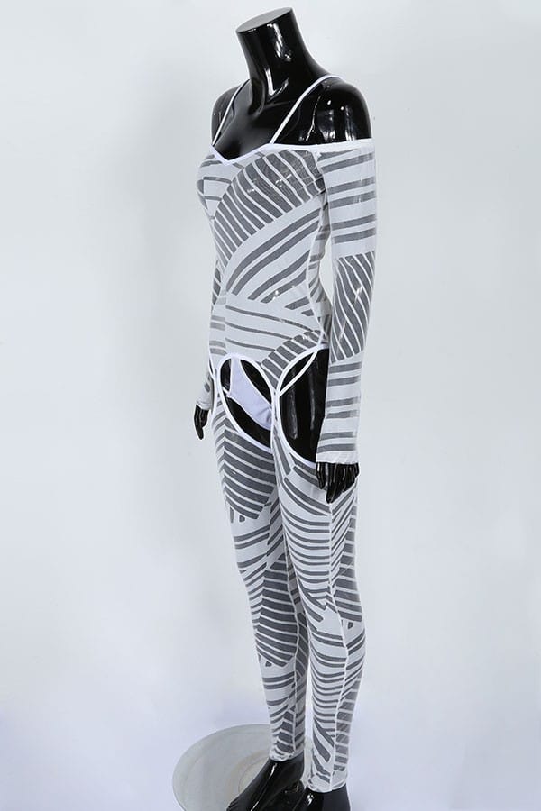 Women's Printed Sheer Mesh Cold Shoulder Jumpsuit - photo 2