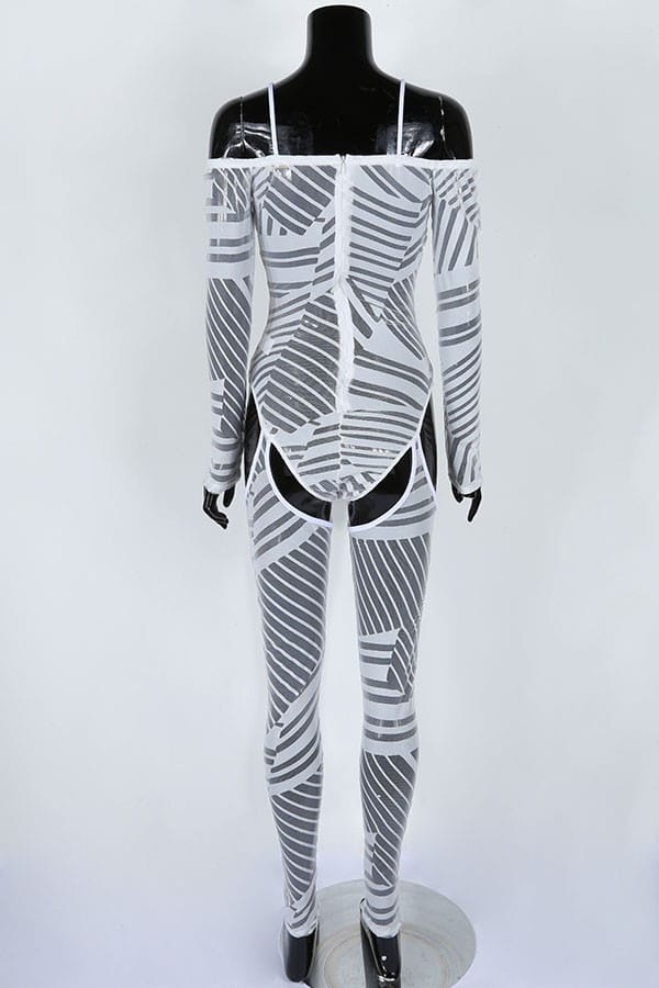 Women's Printed Sheer Mesh Cold Shoulder Jumpsuit - photo 3