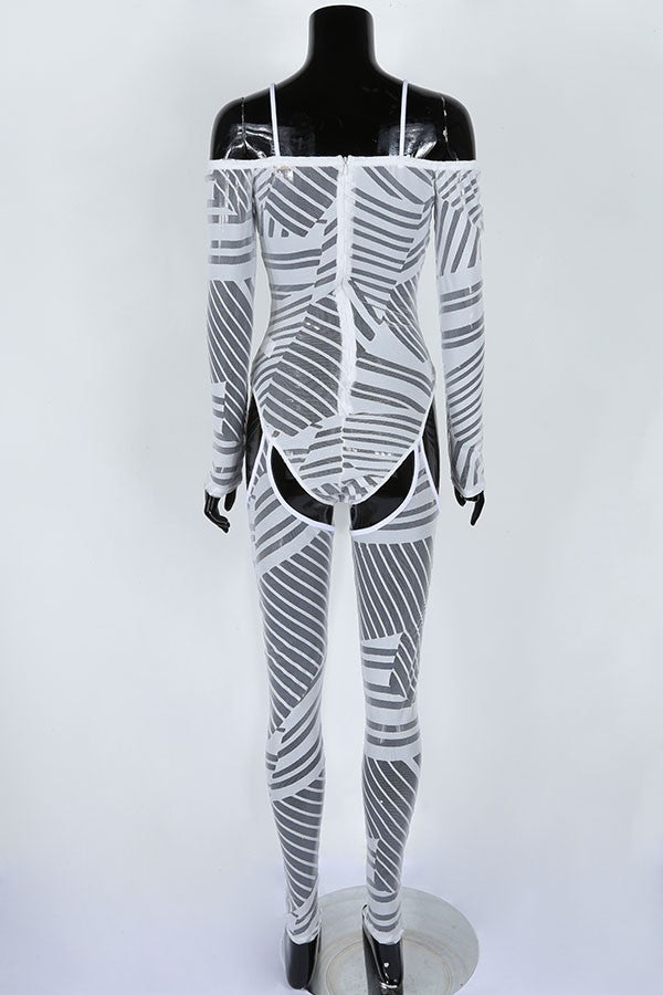 Women's Printed Sheer Mesh Cold Shoulder Jumpsuit - photo 3