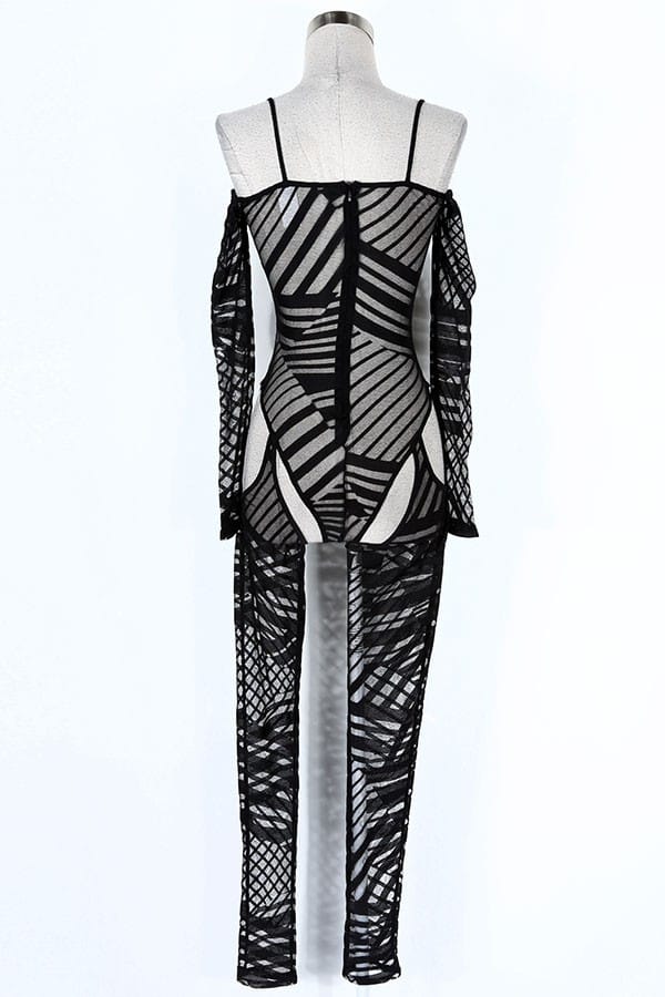 Women's Printed Sheer Mesh Cold Shoulder Jumpsuit - photo 3