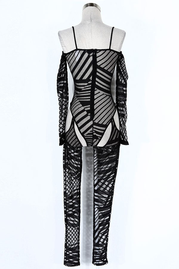 Women's Printed Sheer Mesh Cold Shoulder Jumpsuit - photo 3