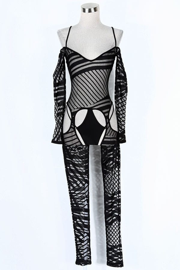 Women's Printed Sheer Mesh Cold Shoulder Jumpsuit
