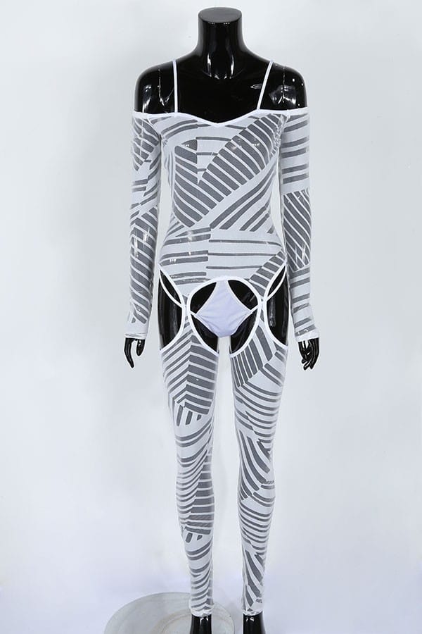 Women's Printed Sheer Mesh Cold Shoulder Jumpsuit